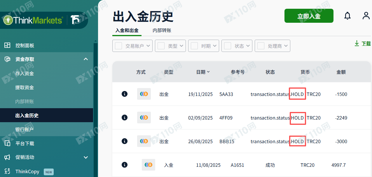 ThinkMarkets无故拒绝出金,本金也不给